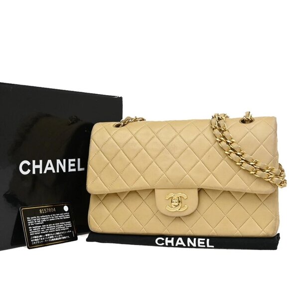 CHANEL Logo Matelasse 25 Double Flap Chain Shoulder Bag Leather Beige - Picture 1 of 16